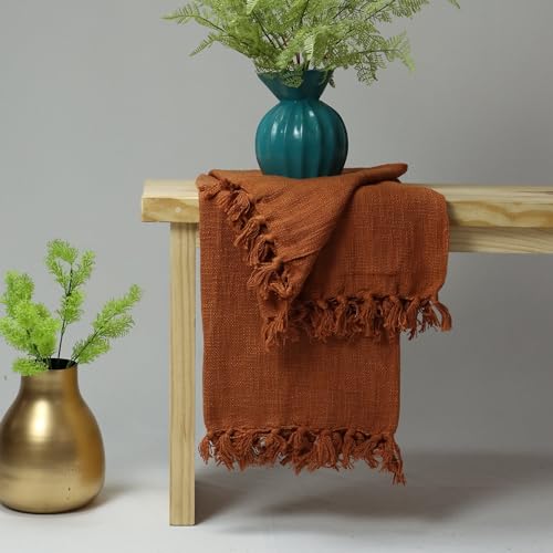Image of Handmade Cotton Jute Sofa Throw 50x60 Inch Solid Soft Blanket for Living Room, Bed, Couch (Rust Brown)