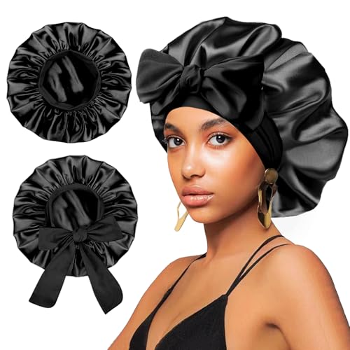 2Pcs Satin Silk Hair Bonnet for Sleeping Women,Large Bonnets with