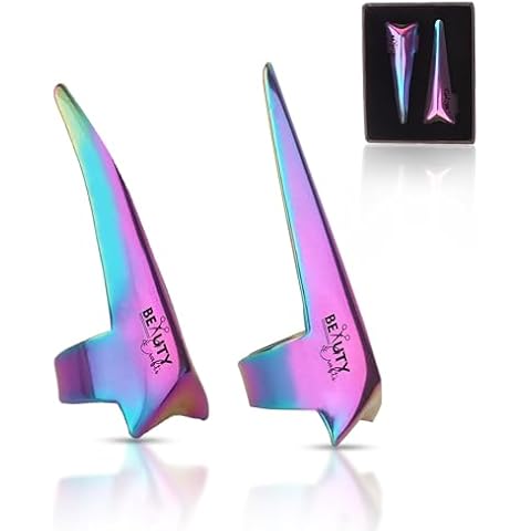 Beauty & Crafts 2PC Pro Hair Parting & Sectioning Rings-Stainless Steel Finger Tool for Precise Hair Styling and Extension Installations - Inculde Straight &Curved Ring with Box (Multi Rainbow) Cover