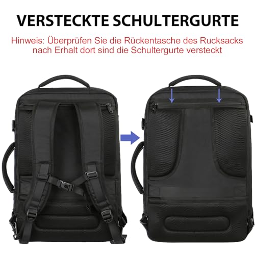 MATEIN 50L Groß Reiserucksack Handgepäck für Flugzeug 55x35x25cm Air France Rucksack Herren Erweiterbar Arbeitsrucksack Wasserabweisend Carry-On Damen Cabin Bag Tagesrucksack für Bussiness, Schwarz