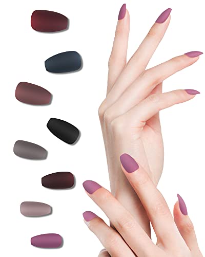 LADYING 8 Packs (192PCS) Matte Press on Nails Medium Length Coffin, Short Glue on Nails Set, Acrylic Press ons False Nails for Women, Stick on Nails, Fake Nails with Glue, Nail Art Tips Manicure Kit
