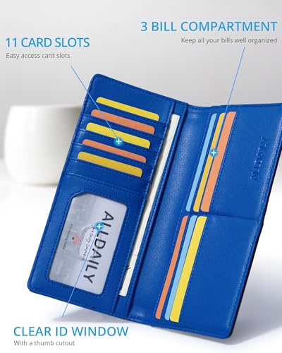 Image of Alldaily Bifold Slim Long Wallet for Men RFID-Blocking Thin Card Holder with ID Window, Faux Leather (Black&Blue)