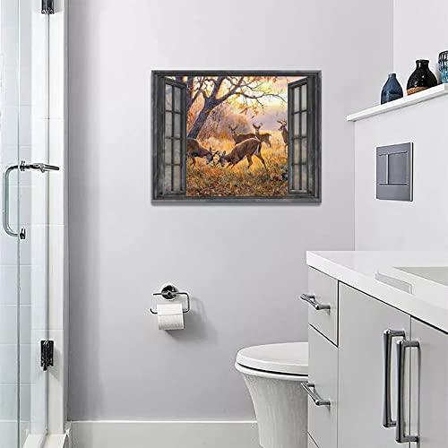 Farmhouse Elk Window Wall Art Rustic Deer Playing Pictures Wall Decor Field Scenery Canvas Prints Framed Modern Home Artwork For Living Room Bedroom Kitchen 16"X12" #TOP5