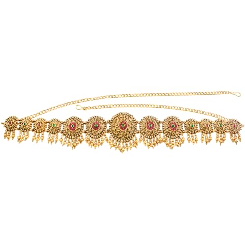 Image of VAMA FASHIONS Adjustable 18K Gold Plated Anti Tarnish Antique Vaddanam Kamarbandh Belly Chain Bridal Saree Waist Hip Belt Round Floral Ruby Green Stone Beads Drops South Indian Temple Jewelry for Women