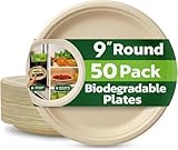 Strong Paper Plates (9inch - 50 Pack) – 100% Compostable Disposable Plates – Heavy Duty Natural Sugarcane Eco-Friendly Biodegradable Plastic Free Bagasse Party Plate – Microwave & Freezer Safe