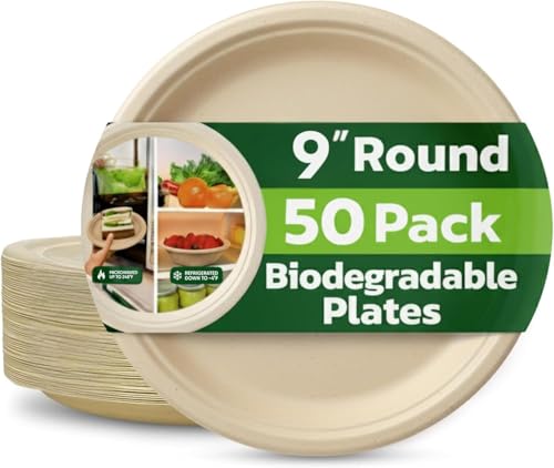Strong Paper Plates (9inch - 50 Pack) – 100% Compostable Disposable Plates – Heavy Duty Natural Sugarcane Eco-Friendly Biodegradable Plastic Free Bagasse Party Plate – Microwave & Freezer Safe