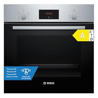 Bosch HBF114BS1 Serie 2, Forno da incasso, Cottura uniforme fino a 3 livelli, Manopole a scomparsa, Display digitale LED rosso, Idrolisi, Acciaio, 60 x 60 cm, Versione Esclusiva Amazon