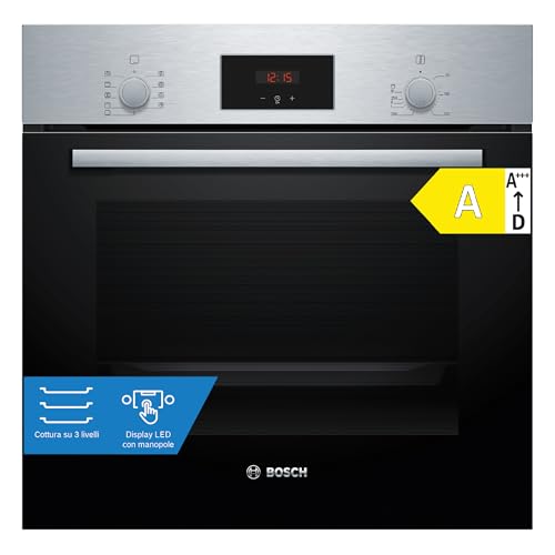 Bosch HBF114BS1 Serie 2, Forno da incasso, Cottura uniforme fino a 3 livelli, Manopole a scomparsa, Display digitale LED rosso, Idrolisi, Acciaio, 60 x 60 cm, Versione Esclusiva Amazon