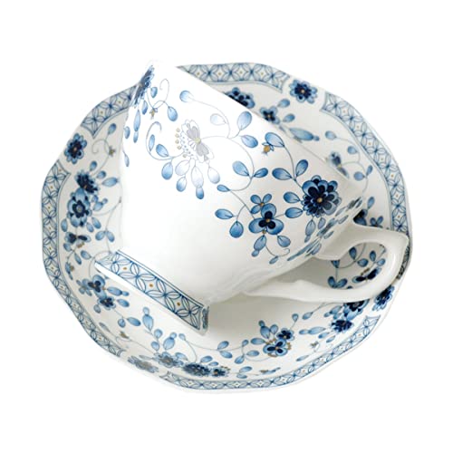 JHNIF Bone China Cup and Saucer Set, Blue and White Porcelain Tea Cup, Coffee Cup, 6oz