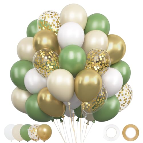 Ballons Anniversaire Vert Sauge Or Blanc - 62 Pcs 12 Pouces Ballon Vert, Blanc et Doré, Ballon Helium pour Decoration Anniversaire, Deco Baby Shower,...