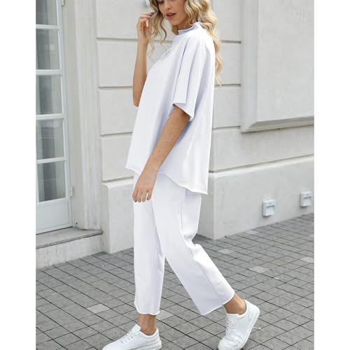Image of SeeLuNa Women's Two Piece Outfits 3 /4 Batwing Sleeve Capelet Crew Neck Pullover Top Wide Leg Pants Lounge Set