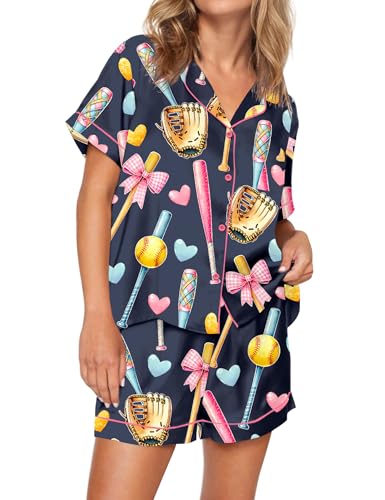 Image of SHESHOW Pajamas for Women Set Satin Button Down Short Sleeve Top and Shorts Pjs Sets Sport Ball Print Sleepwear XS-XXL