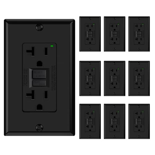 ELEGRP GFCI Outlet 20 Amp Self-Test GFI Electrical Outlet with Narrow Design GFCI Receptacle with LED Indicator UL Listed Black Wall Plate Included 10 Pack