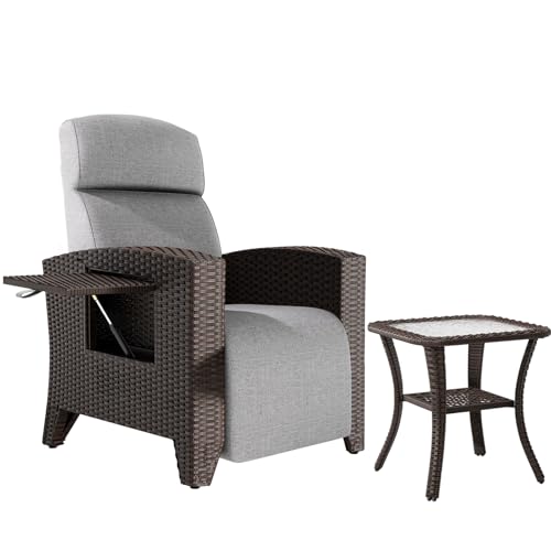 Chaise Longue Ergonomique en Rotin de Relaxation, Ensemble table et chaise, Dossier Réglable, Coussin épais, Adaptée à l’intérieur, au Balcon, au...