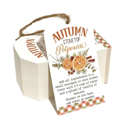 100 Pcs Thanksgiving Stovetop Potpourri Tags Autumn Fall Simmer Pot Instructions Lables for Holiday Party Favors and Decor Teacher & Staff Gifts