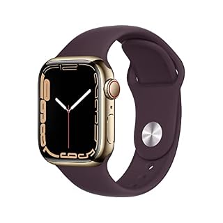 Apple Watch Series 7 GPS + Cellular, 41mm Gold Stainless Steel Case with Dark Cherry Sport Band – Regular (Renewed)