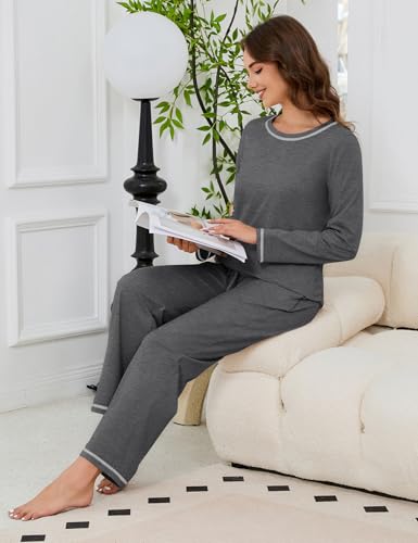 Image of KCW Womens Pajamas Sets 100% Cotton 2 Piece Lounge Set Long Sleeve Tops and Pants Soft Pjs Sleepwear with Pockets
