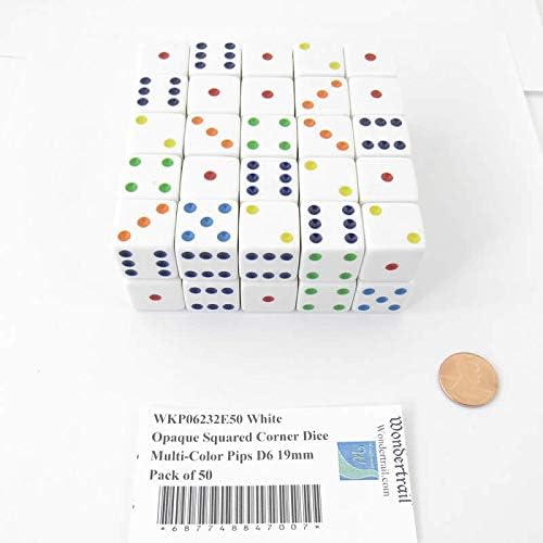 White Opaque Squared Corner Dice Multi-Color Pips D6 19mm (3/4in) Pack of 50 Wondertrail