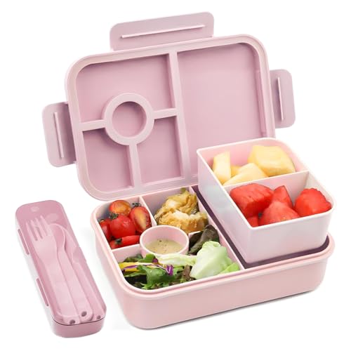 Bugucat Brotdose Kinder mit Fächern 1300ML, Auslaufsicher Lunchbox Kinder, Bento Box mit Besteckset, Brotdose für Erwachsene,Vesperdose Frühstücksbox für Mädchen & Jungen Rosa