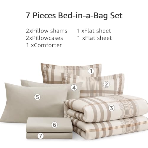 Image of MaiReve Full Size Comforter Set Brown Grey, Classic Plaid Farmhouse Bedding Sets 7 Pieces, All Season Lightweight Bed in a Bag with Sheets, Pillowcases & Shams