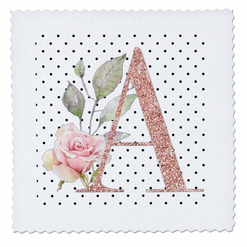 10x10 inch Quilt Square - Monogram Initial A Pink Rose Floral On Black and White Polka Dots Monograms