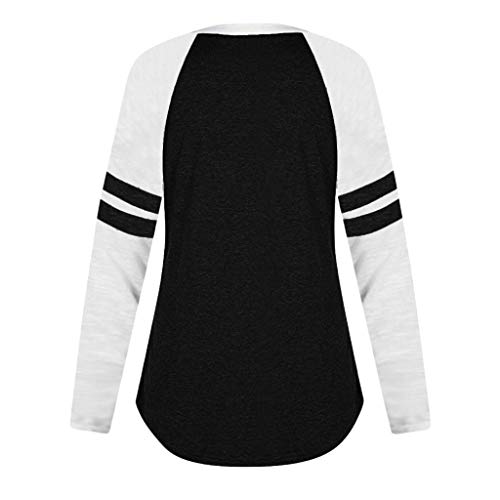 Hotkey Women's Long Sleeve O-Neck Patchwork Casual Loose T-Shirts Blouse Tunic Tops Striped Tee Shirt Black