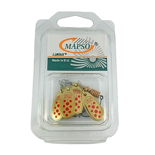 MAPSO - Blister 4 Cucharillas de Pesca Orión nº2 Plata roja con Anzuelo Simple sin Muerte, 4,5 GMS.