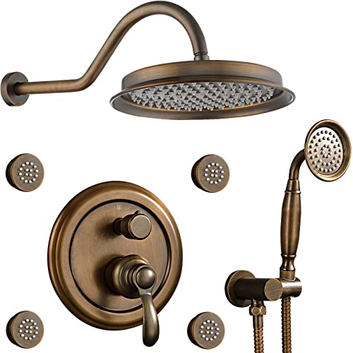Homekicen Antique Brass Shower System - Faucets Sets Complete Wall Mounted 9" Rain Head With Handheld Spray And Body Jets Bathroom Fixtures Combo, 3 Way Diverter Rough In Valve Trim Kit #TOP20