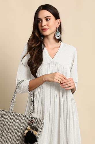 Image of Janasya Women's Dobby Chiffon Self Design Flared Kurta