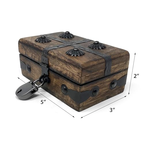 Nautical Cove Treasure Chest Wooden Box with Antique Iron Lock and Skeleton Key (X-Small 5 x 3 x 2) - Storage and Decor – Pirate Wooden Treasure Chest, Decorative Box with Hinged Lid, by Nautical Cove - Image 3