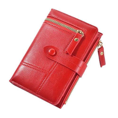 Purse Ladies PU Leather Short Folding Purse Vertical Double Zipper Women's Wallet for Change，Credit Card(Red) - Main Image
