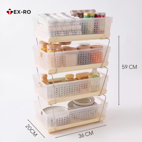 Image of TEX-RO Stackable Storage Baskets Organizer - 4 Tier Multipurpose Plastic Storage Rack with Stainless Steel Support Rods for Bathroom, Vanity, Wardrobe & Under Sink Storage (Clear /Beige)