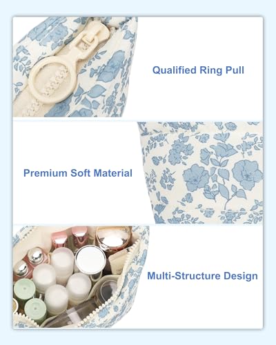 Twofold Travel Makeup Bag for Women, Small Cosmetic Organizer with Compartments, Portable Handbag for Essensial with Soft Materials, Personalized Preppy Make Up Pouch- Blue Flower4