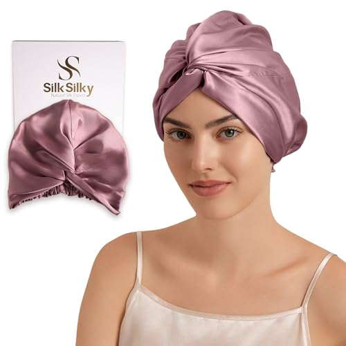 SilkSilky 22 Momme 100% Mulberry Silk Bonnet for Sleeping Women Double-Layer 6A Grade Silk Hair Wrap Adjustable Sleep Cap for Frizz-Free Hair Protection (Pale Mauve)