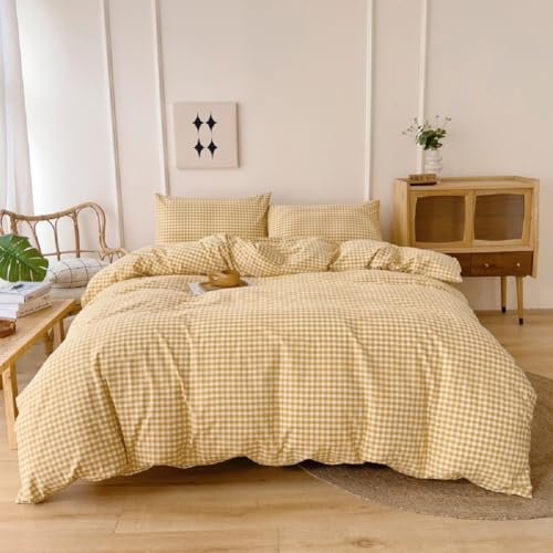 Image of LifeTB Yellow Gingham Comforter King Comforter Set Geometric Checkered Plaid Bedding Comforter with 2 Pillowcases Fluffy Soft Lightweight Bedding Boho Grid Plaid Comforter Set King for All Seasons