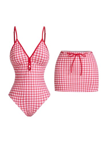 Verdusa Women's 2 Piece Gingham Lace Up Backless One Piece Swimsuit with Beach Cover Up Skirt Set