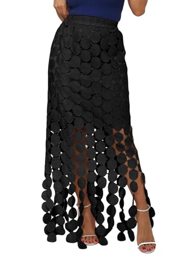 Kissonic Womens Long Fringe Maxi Skirt Summer Hollow Out Boho Elastic High Waist Skirt