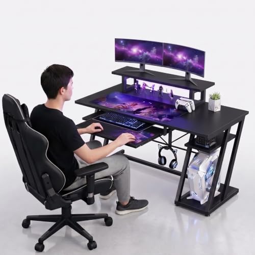Image of Gaming Desk with Monitor Stand | Computer Table for Home & Office | Ergonomic Study Table with Keyboard Tray CPU Stand & Headphone Hook (Black) |120x60x90 cm
