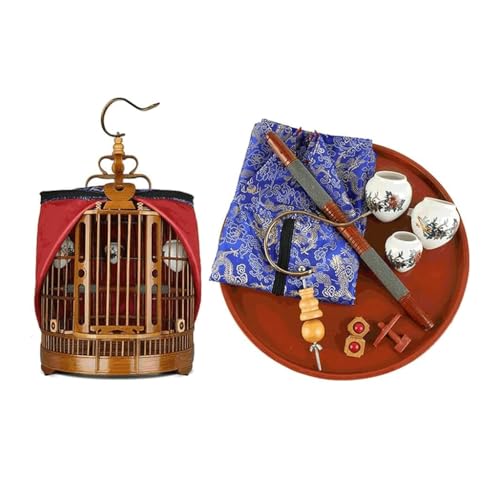 Cage à oiseaux vintage ronde en bambou avec support roulant