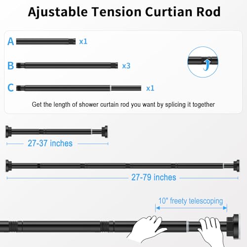 Image of Shower Curtain Rod 27-79 Inches, Adjustable Tension Shower Rod No Drilling, No Slip, Spring Tension Curtain Rod for Bathroom Kitchen Closet Windows - Black