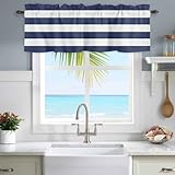 Navy Blue White Striped Valances Curtain for Kitchen Cafe, Nautical Modern Stripe Window Valance Short Curtains 42'x 12' Rod Pocket Windows Drape for Bathroom Living Room Bedroom Geometric Color Art