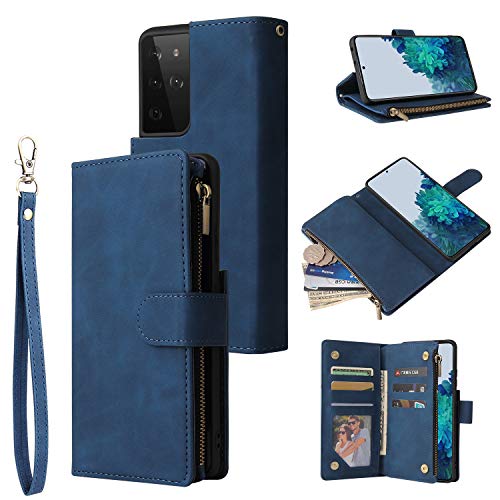 QLTYPRI Wallet Case for Samsung Galaxy A13 5G, Premium Vintage PU Leather Zipper Pocket Case with Card Holder Slots Magnetic Closure Kickstand Wrist Strap Shockproof Flip Folio Case – Blue- Best and cheap mobile covers in India