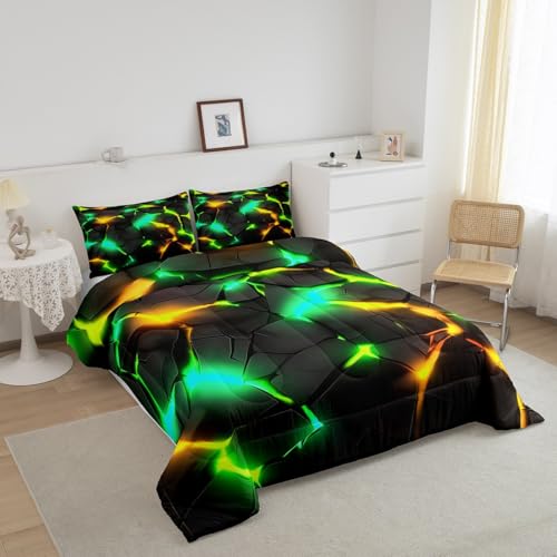 Image of Feelyou Kids Green Yellow Honeycomb Comforter Set Queen Size, Hexagonal Bedding Set Beehive Duvet Insert Boys Girls Teens Bedroom Decor with 2 Pillow Case