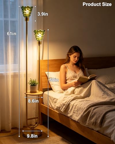 Image of Lightdot 2-Lights Modern Glass Floor Lamp with Shelf Gold Standing Tall Lamps with Green Shell Glass Shade,LED Floor Lamp with Foot Switch for Living Room Bedroom Home Decor (3000K Bulbs Included)