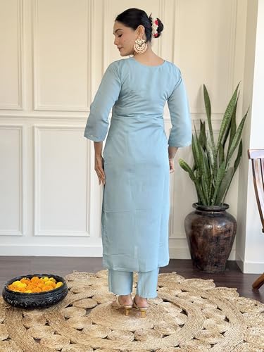 Image of Shiv Textiles Women's Chanderi Silk Embroidered Kurta Pant Dupatta Set(JDA-PARITA-SkyBlue-XL)