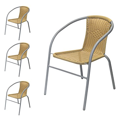 Preisvergleich Produktbild Wohaga® 4er Set Bistrostuhl stapelbar, Polyrattanbespannung Beige, pulverbeschichtetes Metallgestell Grau - Stapelstuhl Gartenstuhl Poly Rattan Balkonstuhl Balkonmöbel Terrassenmöbel Gartenmöbel