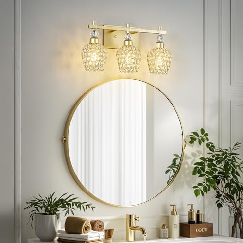 Image of Modern Crystal Bathroom Light Fixtures - Gold 3 Light Vanity Lighting with Crystal Wall Lamps Over Mirror