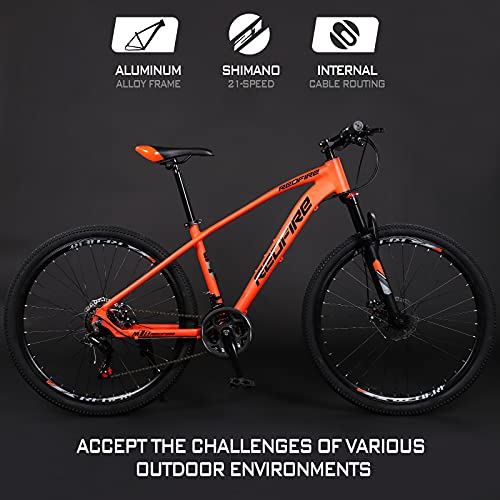Redfire 27.5 Inch Mens Mountain Bike with Lock-Out Suspension Fork, 21-Speed Shimano Drivetrain, Shimano Shift Levers, Aluminum Frame and Double Disc Brakes Adults MTB Bicycle, Orange