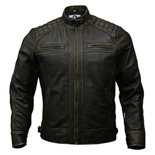 Jaqueta masculina de couro genuíno para motociclista preta | Jaqueta masculina vintage marrom envelhecida de pele de cordeiro para motociclista, Marrom envelhecido, P