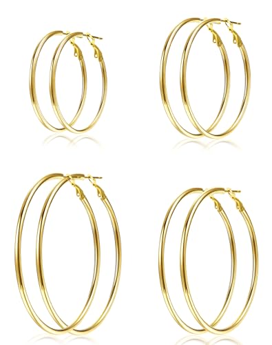 4 Pairs Silver Gold Hoop Earrings for Women 30/40/50/60 mm Stainless Steel 14K Gold Plated Hoop Earrings Hypoallergenic Big Thin Lightweight Dangle Set (4 Pairs Gold-30/40/50/60mm)